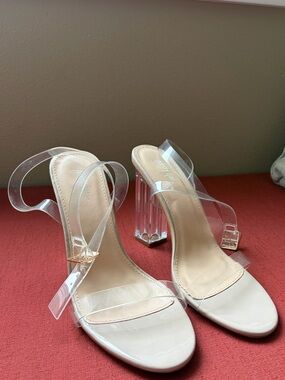 Nasty Gal Clear Strap Nude Block Heel Sandals
